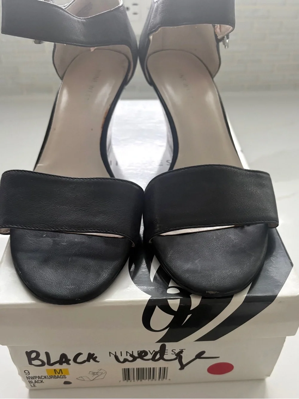 Nine West Black Leather Ankle-Strap Wedge Sandals.PACKURBAGS.  Women Size 9M $20